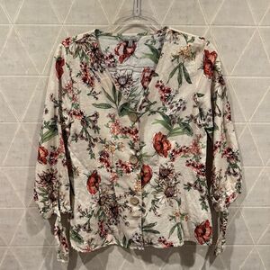 Blouse by Hester & Orchard Linen Blend Women Top Button Up Floral Tan Size M